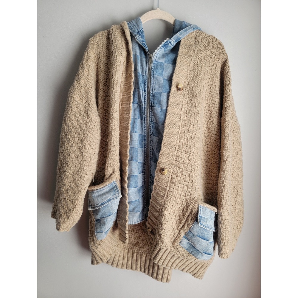 BiBi Mixed Media Checkered Denim Hooded Cardigan Tan Knit Oversized Sweater L